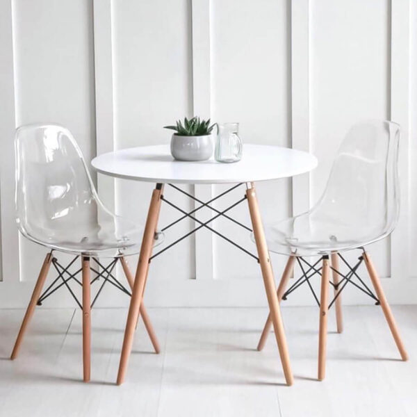 Eames Pack - Comedor 80cm Blanco + 2 Sillas Eames Style Transparentes