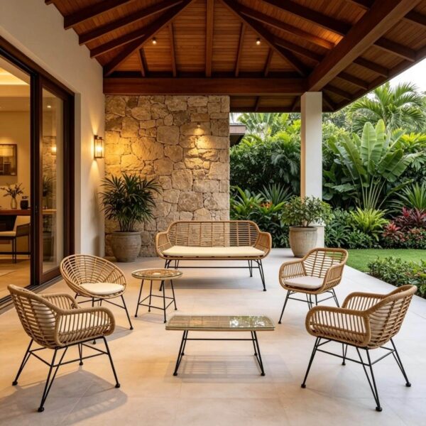 Sillon Love seat Alessa Tejido | Asiento de Rattan | Estructura metálica | Diseño moderno | Sillón de Exterior