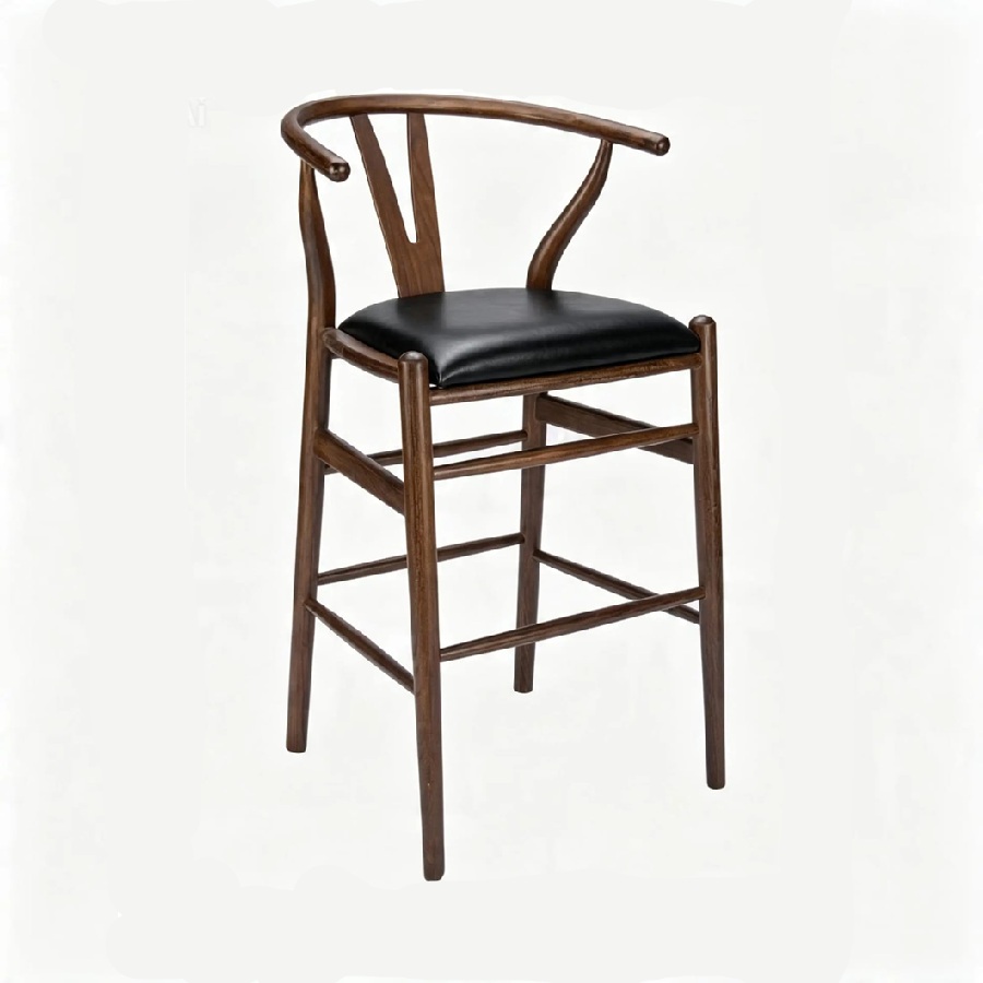 Banco Wishbone Style | Asiento tapizado de piel | Madera solida de Haya | Banco de Diseño Clásico Danés | Barras y comedores